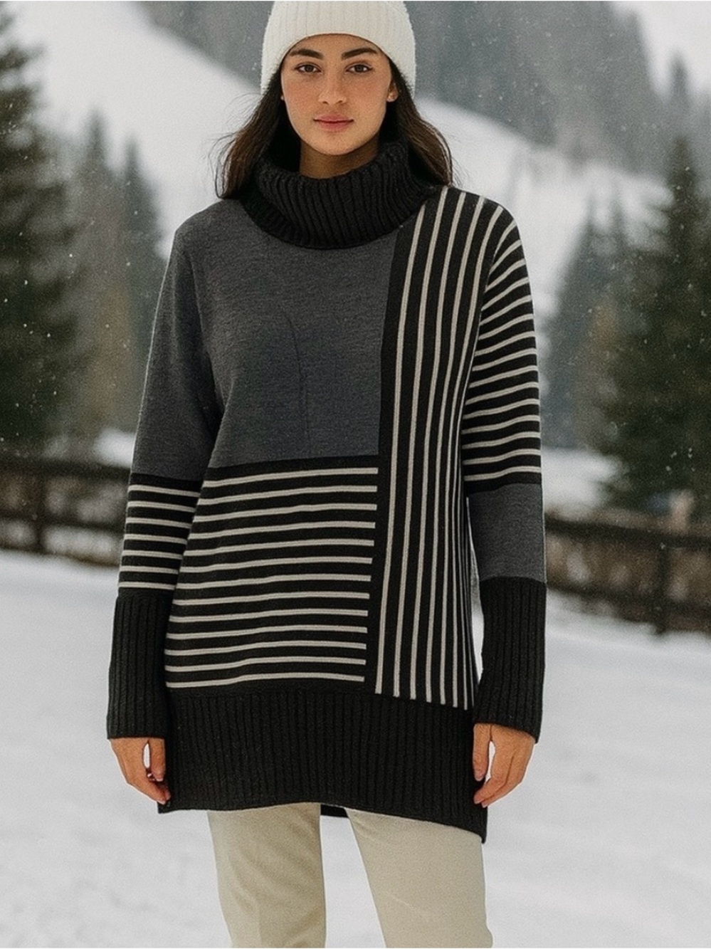 Krimson Klover Merino Wool Gray & Black Striped Turtleneck Tunic Sweater S